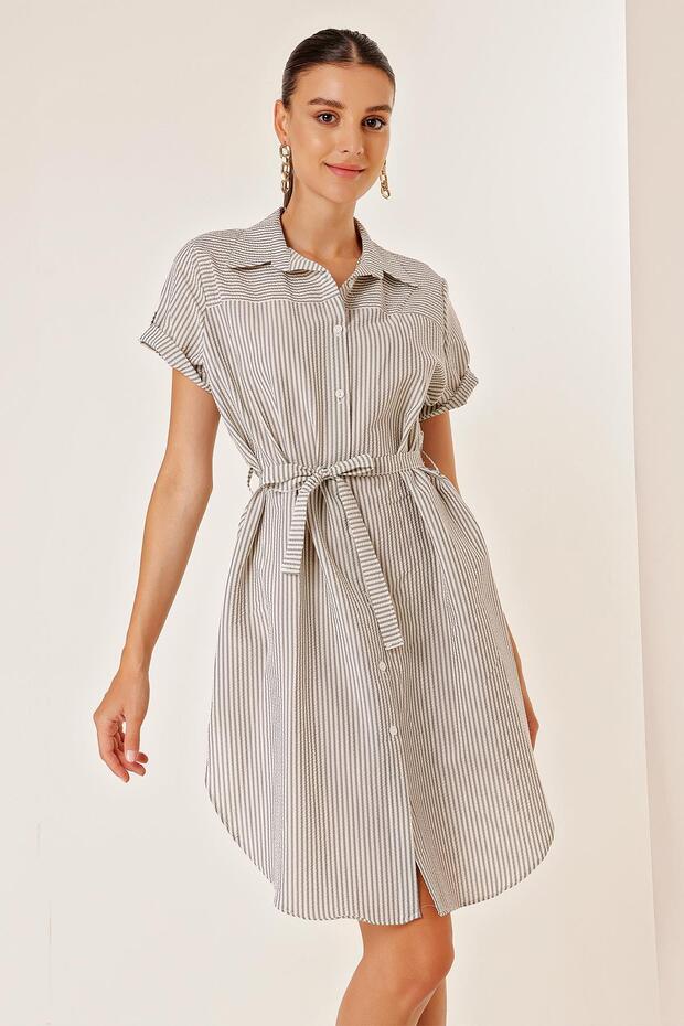 Waist Belted Short Sleeve Button Front Striped Seersucker Dress