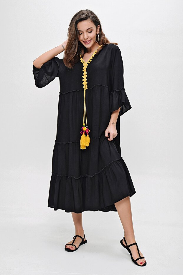Pompom Thread Beaded Viscose Dress
