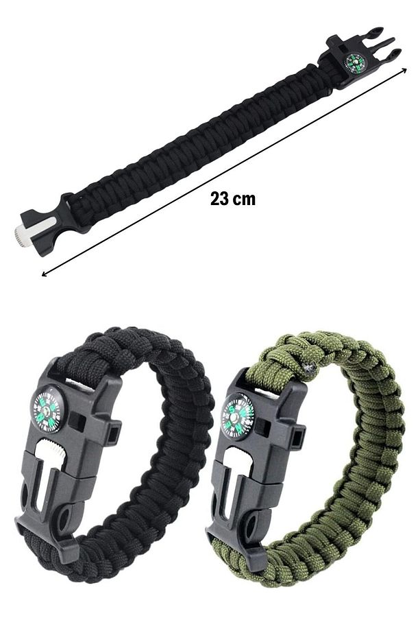 ® 5'i 1 Arada Çok Fonksiyonlu Hayatta Kalma Bilekliği Pusula, Düdük, Çakmak Taşı ve Şemsiye İp - 4