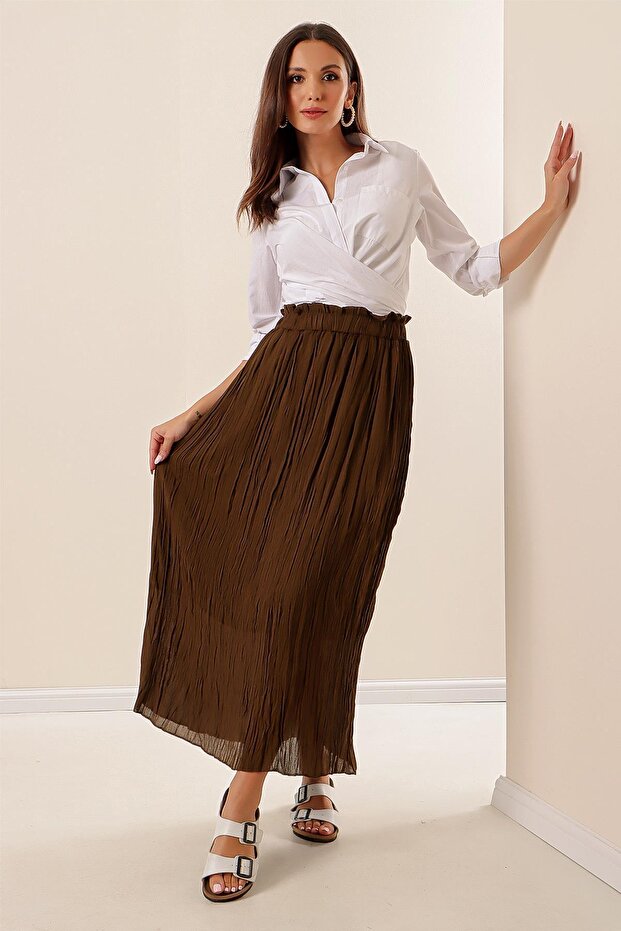 Elastic Waist Lined Pleated Long Chiffon Skirt