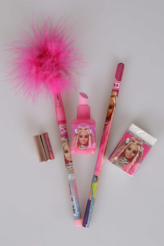 Licensed Barbie Feathered Clicking Pencil, Nail Polish Design Pencil Sharpener with Eraser, Pencil and Eraser Set