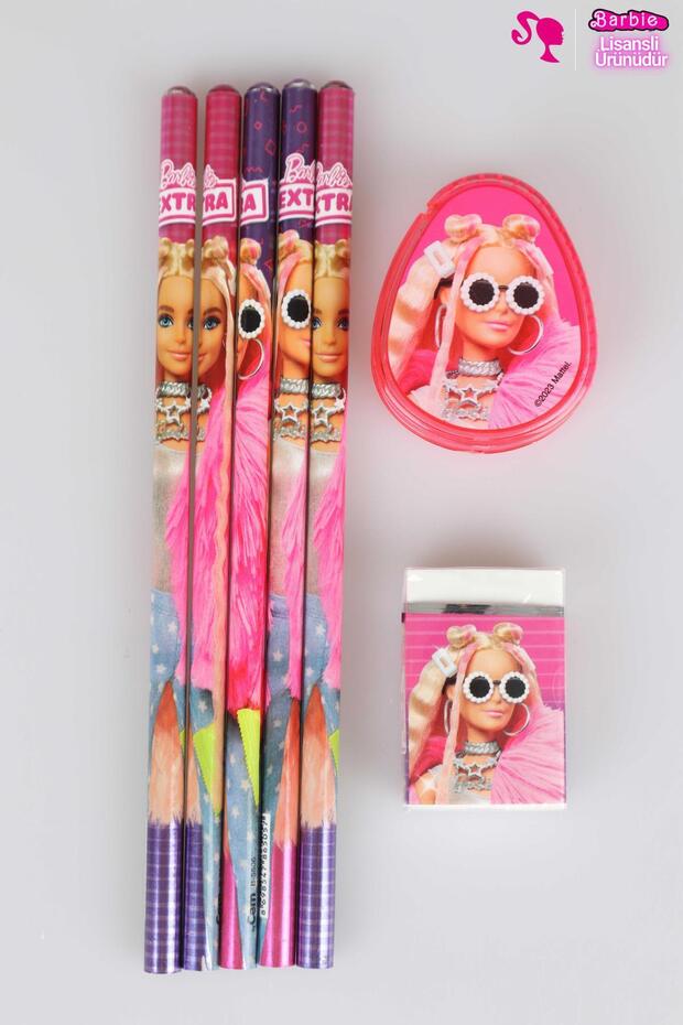 LICENSED BARBIE 5-PIECE LEAD PENCIL, ERASER AND HEARTED PENCILER SET