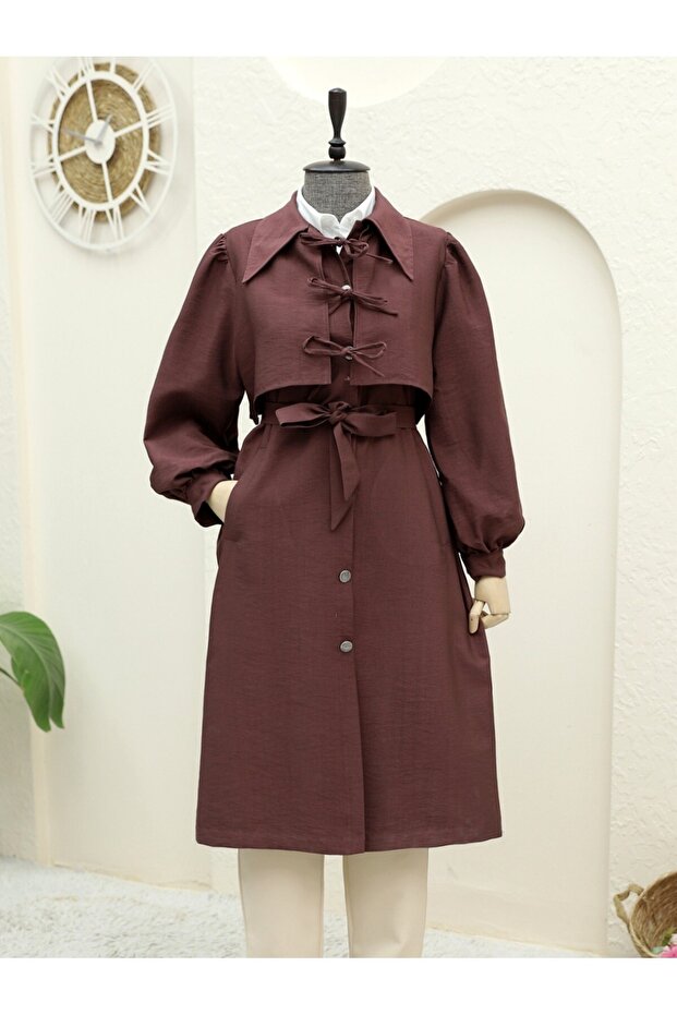 Önü Bağlama Detaylı Düğmeli Cepli Trençkot -mürdüm - 1