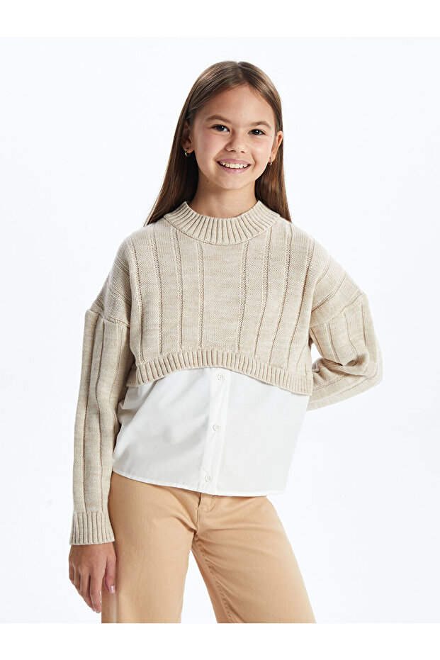 LCW Kids Bisiklet Yaka Desenli Uzun Kollu Kız Çocuk Triko Kazak (W4) - 1