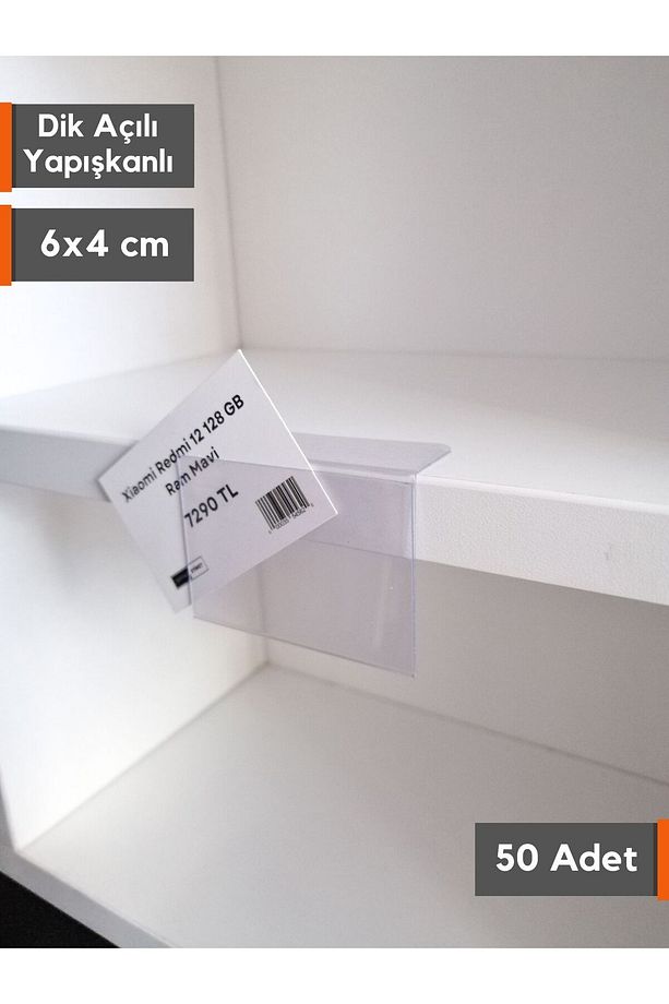 50 Adet PVC Yapışkanlı Etiketlik Dik Açılı 6x4 cm Raflar için Etiketlik Etiket Cebi Ürün isimlik - 1
