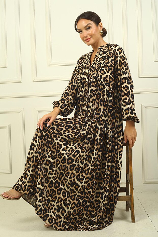 Half Buttoned Front Elastic Sleeve Leopard Pattern Printed Hijab Long Dress