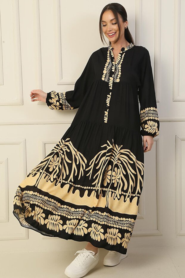 Front Half Buttoned Elastic Sleeve Printed Hijab Long Dress