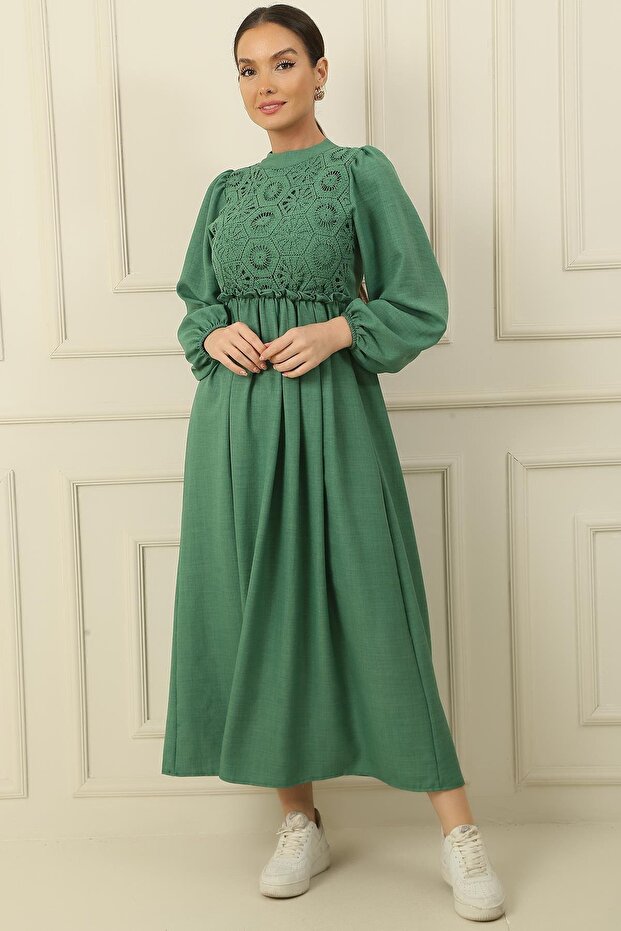 Laced Linen Effect Long Dress
