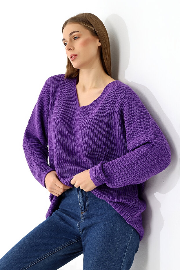 Kadın Oversize Salaş V Yaka Triko Kazak - 5