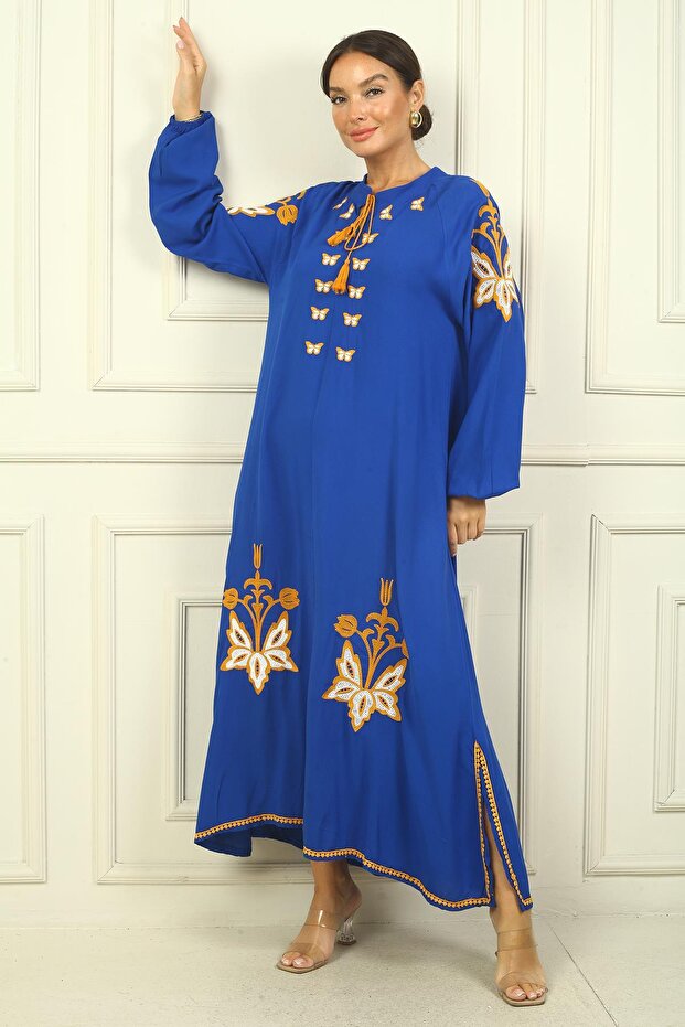 Women's Collar Lace-Up Butterfly Embroidered Sleeves Elastic Comfortable Fit Long Viscose Dress