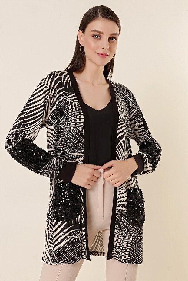 Leaf Patterned Pocketed Lycra Cardigan with Sequin Detail
