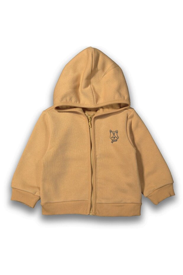 Baby Boy Mustard Cat Embroidered Simple Hooded Cardigan