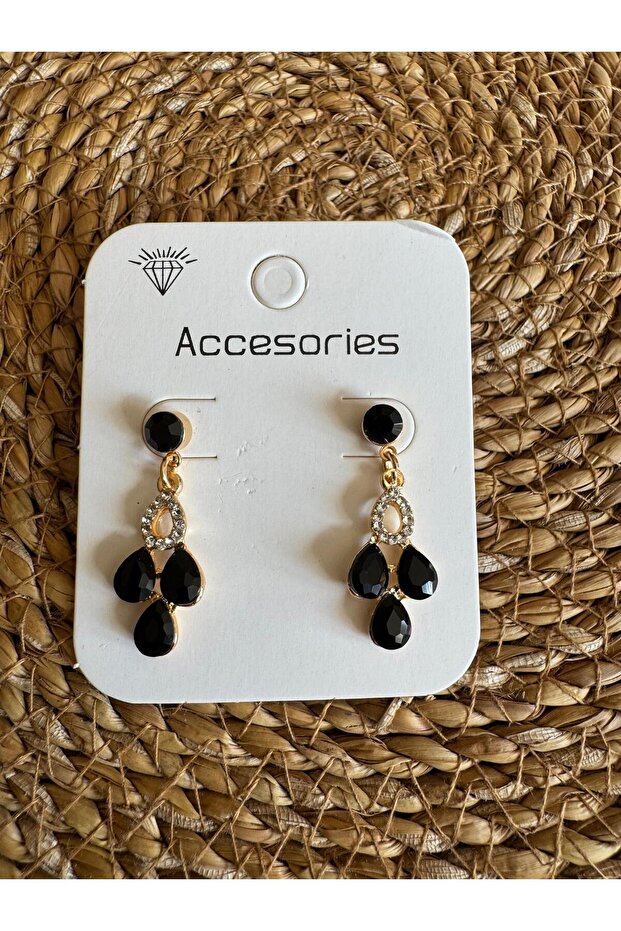 Black Three Drop Stone Dangle Evening Dress Earrings