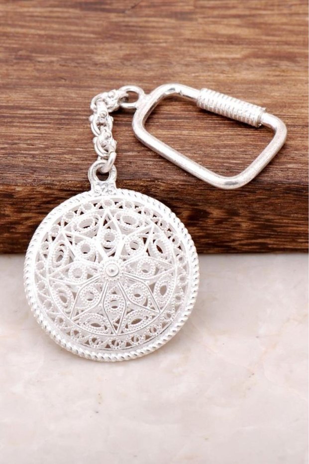 Filigree Embroidered Silver Keychain 55