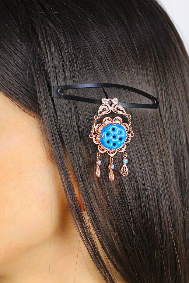 Filigree Syriac Evil Eye Bead Rose Silver Hair Clip 12