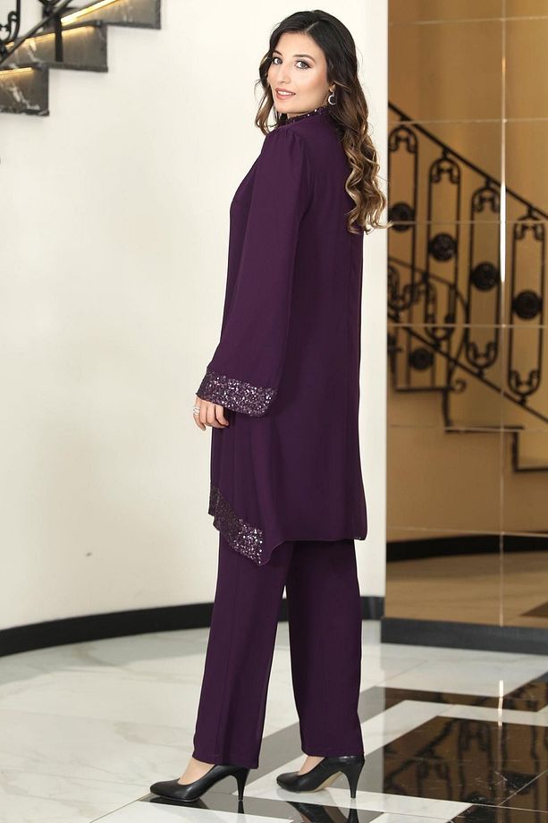Umay Şifon Tunik Pantolon Takım Mürdüm TBSELB68 - 3