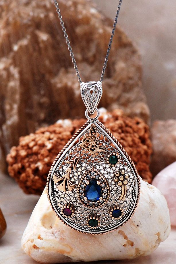 Telkari Işlemeli Safir Taşlı Tasarım Kolye 3910 - 1