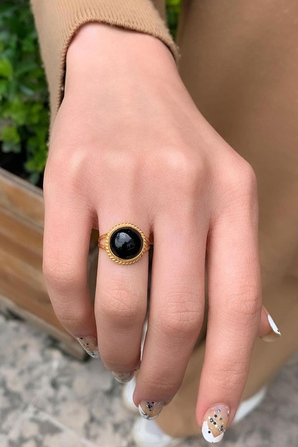 14 Ayar Altın Oval Onix Meftüllü Yüzük - 2