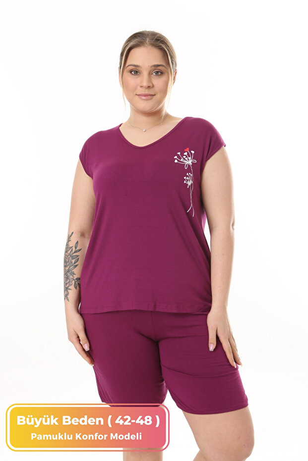 Plus Size Comfortable Pajama Set with Shorts, Double Curve Cotton 2-Piece Top and Bottom Set, Burgundy