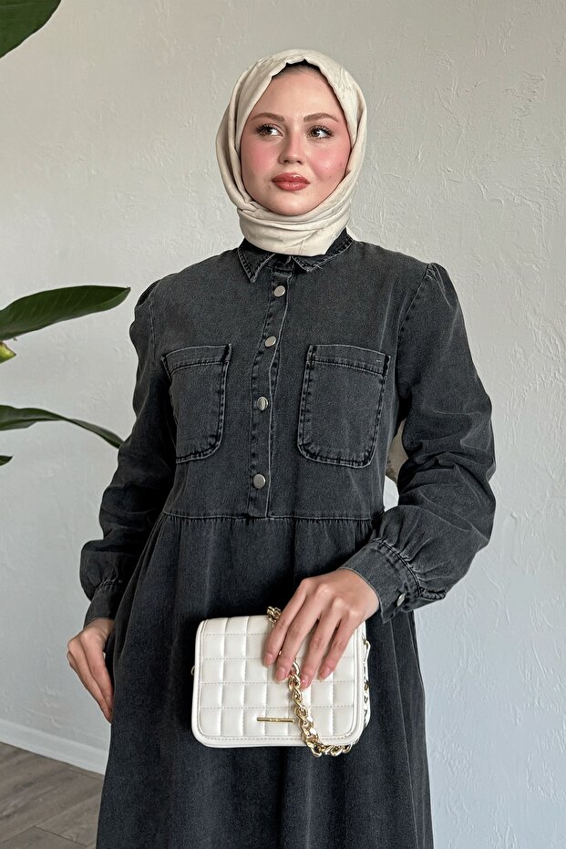 Çift Cepli Siyah Kot Elbise - 3