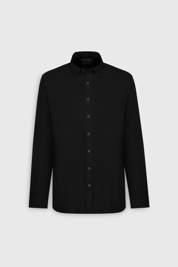 Erkek Siyah Comfort Fit Rahat Kesim %100 Keten Düğmeli Yaka Gömlek - 6