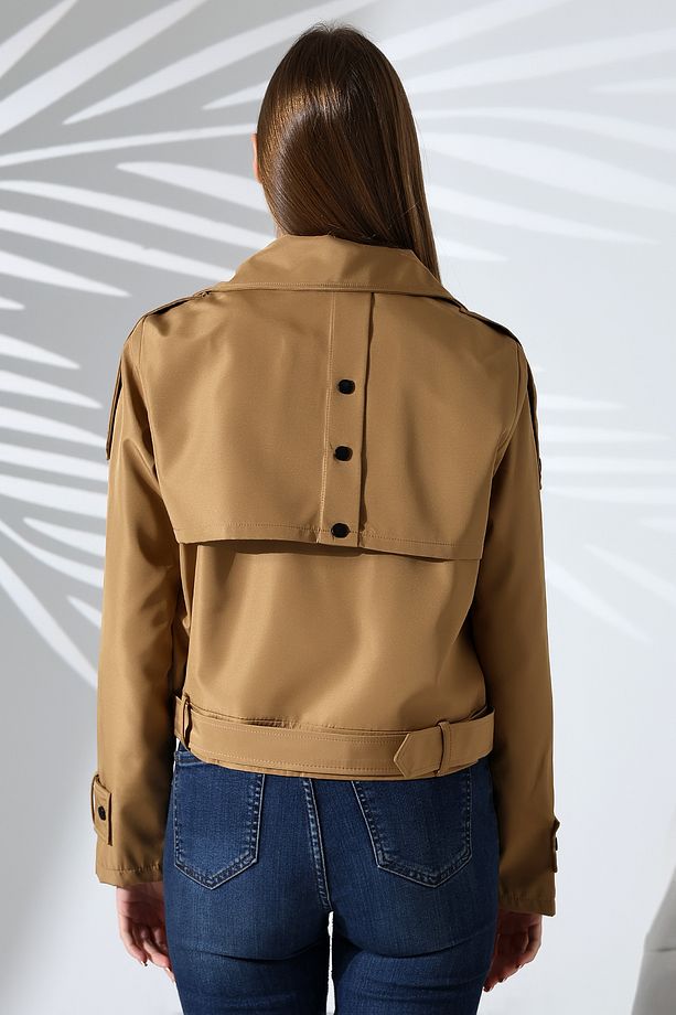 Kadın Astarlı Kemerli Cepli Su İtici Kumaş Crop Trençkot Camel - 8