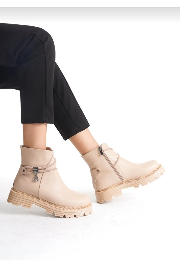 Ekru Yüksek Dolgu Taban Simli Taşlı Kadın Günlük Bot - 3
