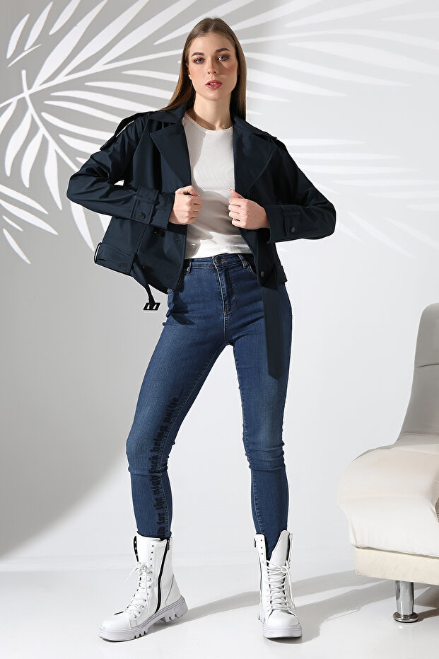 Women's Lined Belted Pocketed Water Repellent Fabric Crop Trench Coat Navy Blue