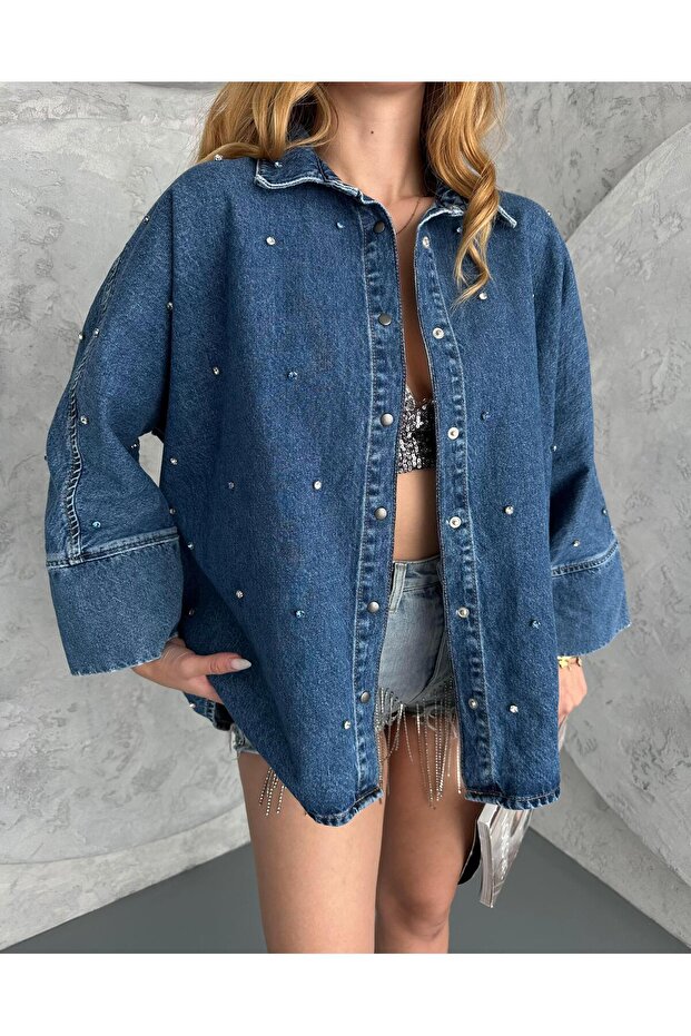 Mavi Taş Süslemelı Oversize Demim Gömlek - 6