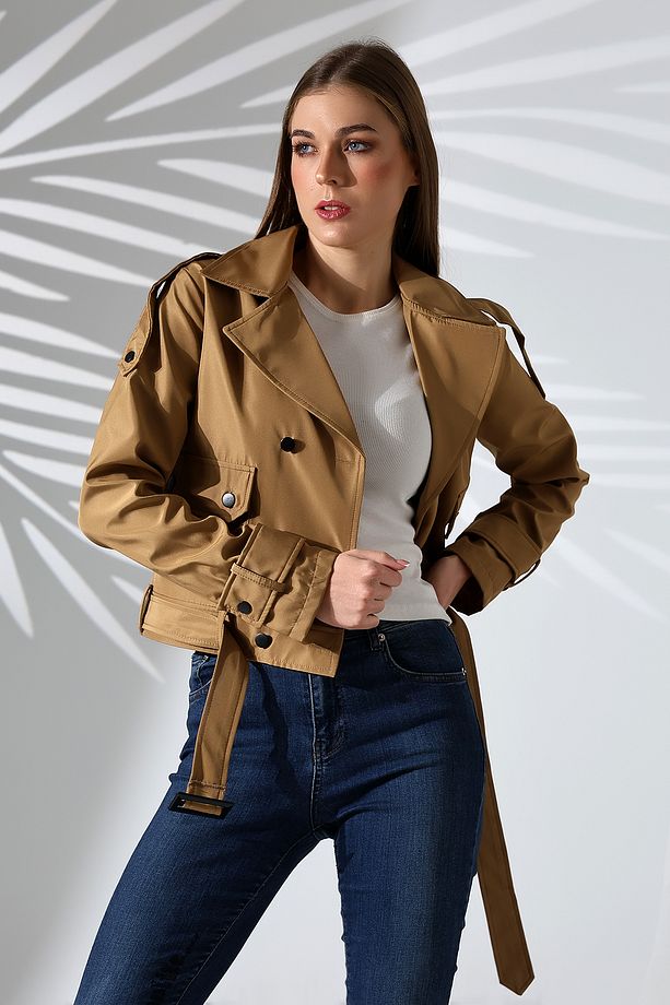 Kadın Astarlı Kemerli Cepli Su İtici Kumaş Crop Trençkot Camel - 3
