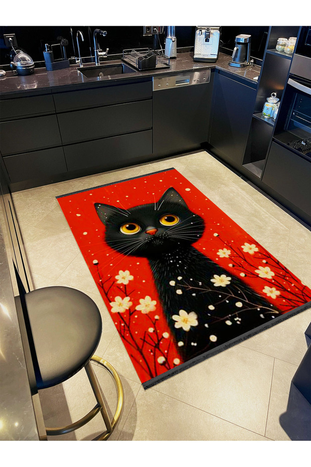 Schwan Collection Red Theme Black Cat and Daisy Patterned Modern Decorative Carpet 01