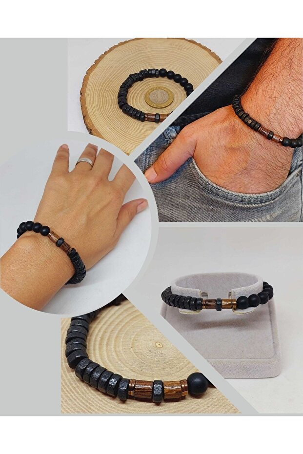 Wooden Black Colored & Onyx Stone 8mm Unisex Design Bracelet Hawaii Model (11130)