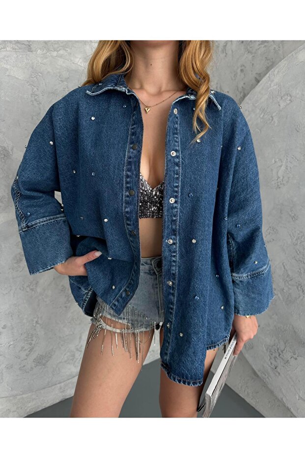 Mavi Taş Süslemelı Oversize Demim Gömlek - 3