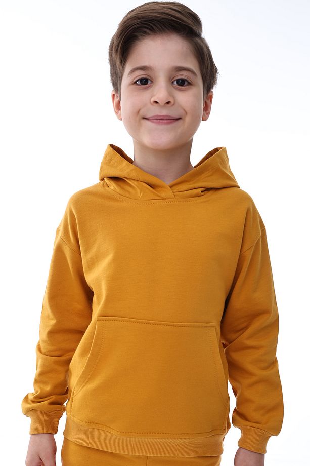 Basic Kapüşonlu Şardonlu Kanguru Cep Detaylı Çocuk Sweatshirt 3-10 Yaş Hardal - 4