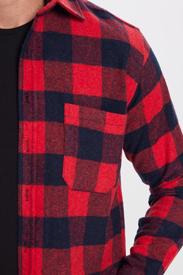 Erkek Regular Fit Klasik Kesim Oduncu Tek Cep Kareli Kışlık Gömlek - 3