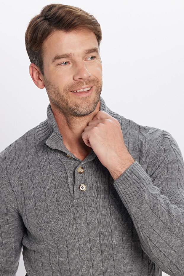Men's Slim Fit Slim Fit Soft Textured Patterned Stand Collar Buttoned Gray Knitwear Sweater