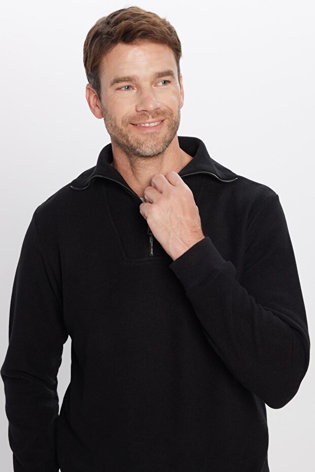 Unisex Relax Fit Comfortable Cut Ribbed Patterned Cotton Half Zipper Black Stand Collar Sweatshirt