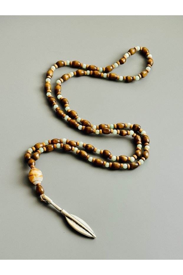 Men's Necklace with Arrowhead Aquamarine and Wood Beads