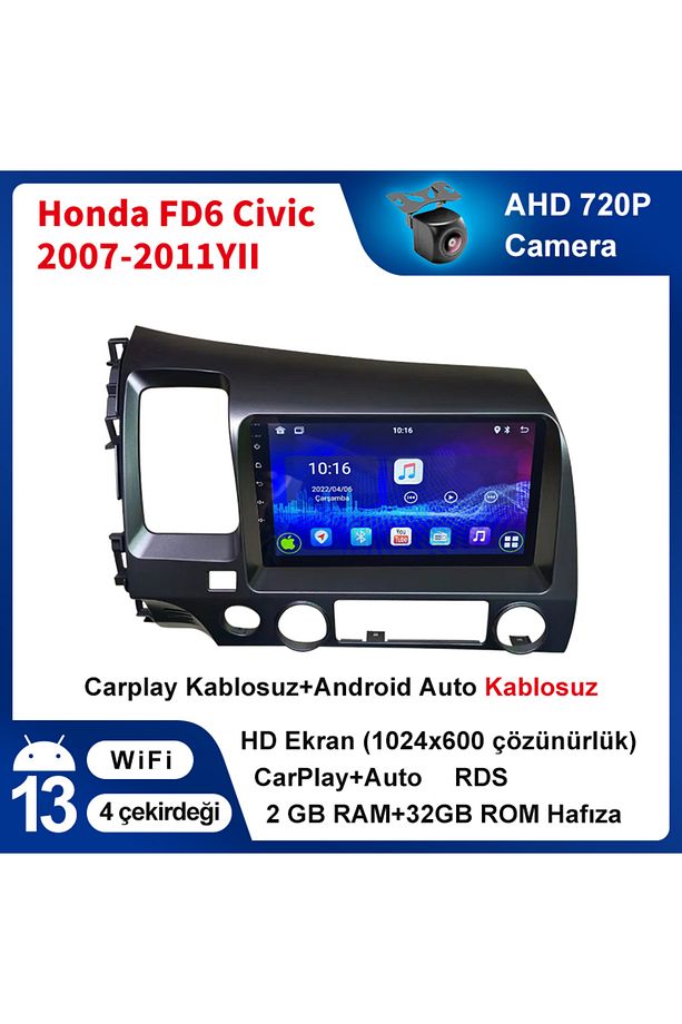Honda-FD6-Civic-2007-2011Yıl Carplay/Navigasyon/gps/Geri vites arka görünümü ile/9 Inç/2+32GB - 2