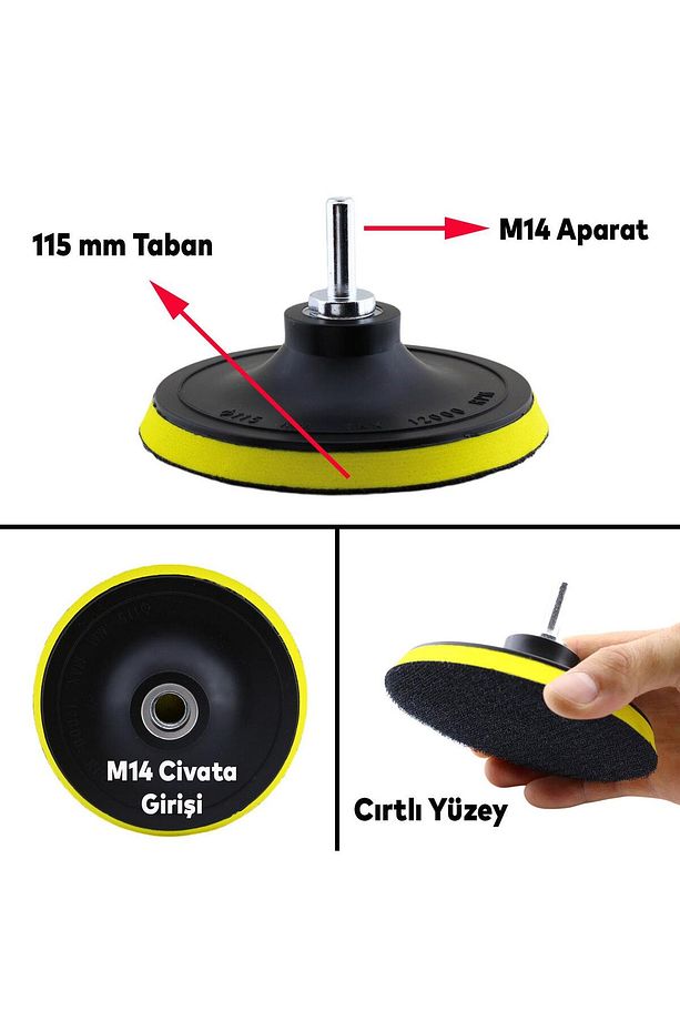 Cırt Zımpara Tabanı 115 mm Zımparalama Taşlama Sökülebilir M14 Cıvata Matkap Uyumlu + Matkap Aparatı - 2