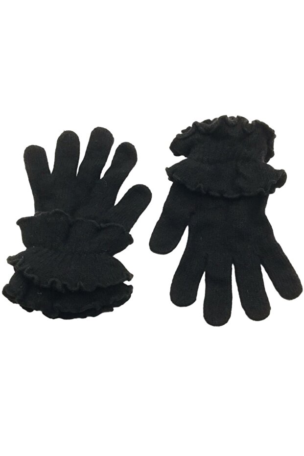 Women's Winter Black Ankle-Length Ruffled Wool Knitted Gloves