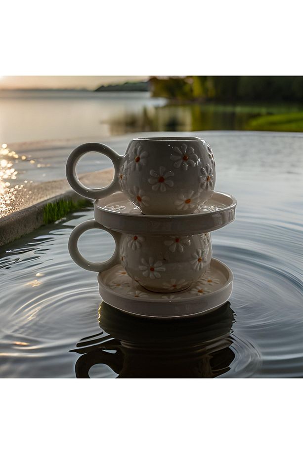 Ece Çayır Papatyası 2li Tabaklı Kupa Seti El Dekoru Mug Kupa Bardak - 3