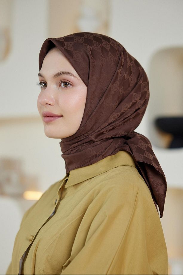 Monogram Desen Jakar Eşarp Çikolata Kahve - 2