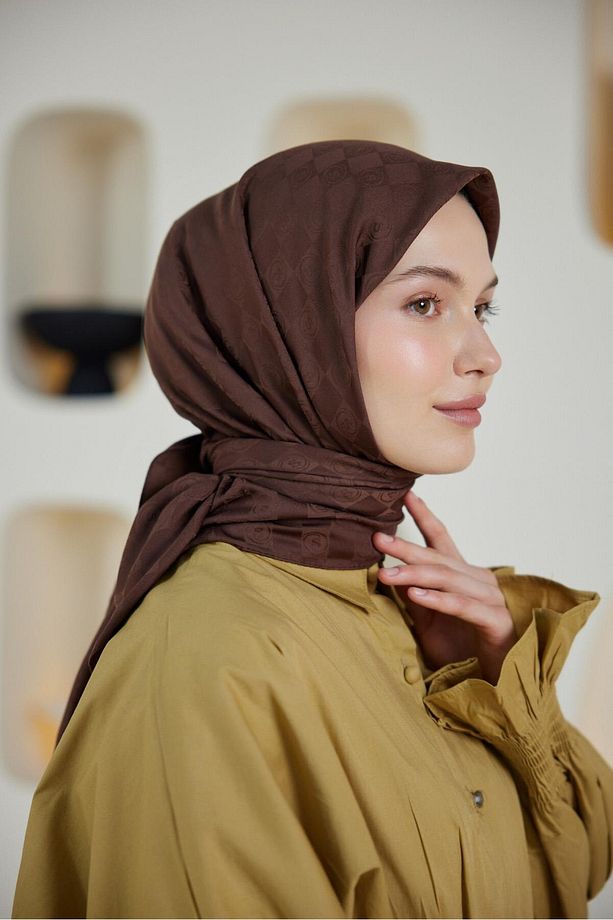 Monogram Desen Jakar Eşarp Çikolata Kahve - 3