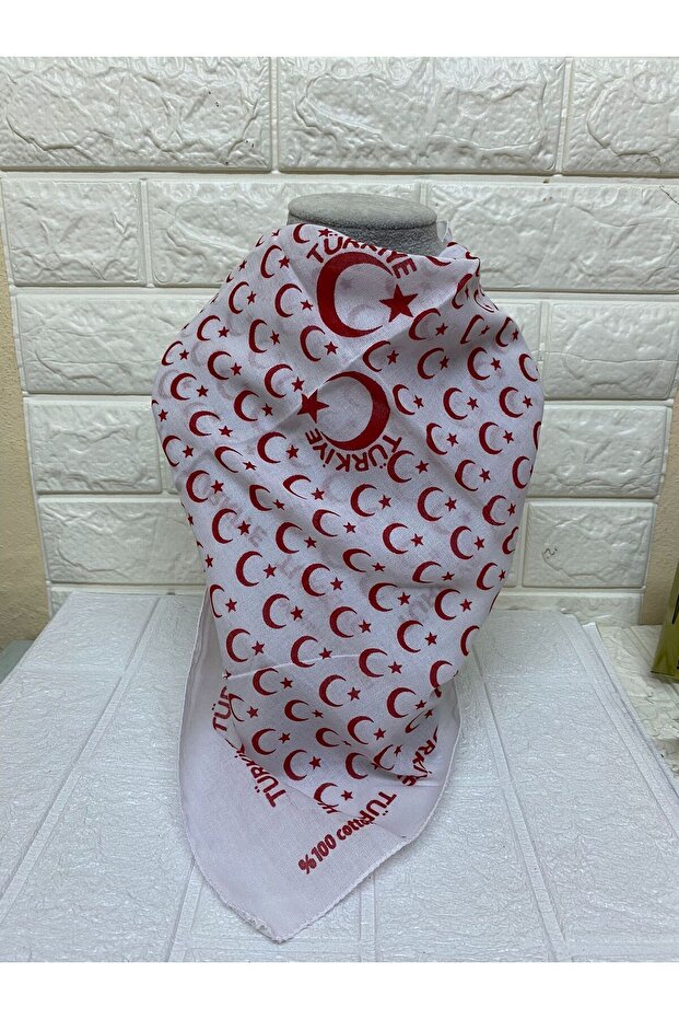 Unisex White - Red Cotton Fabric Scarf with Moon, Star and Turkey Written on It - Bandana - April 23, October 29