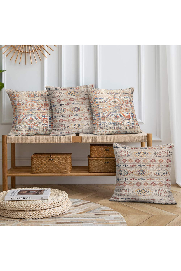 Kilim Rug Motif Ethnic Patterned Set of 4 Digital Print Cushion Cover 40x40-45x45-55x55 cm