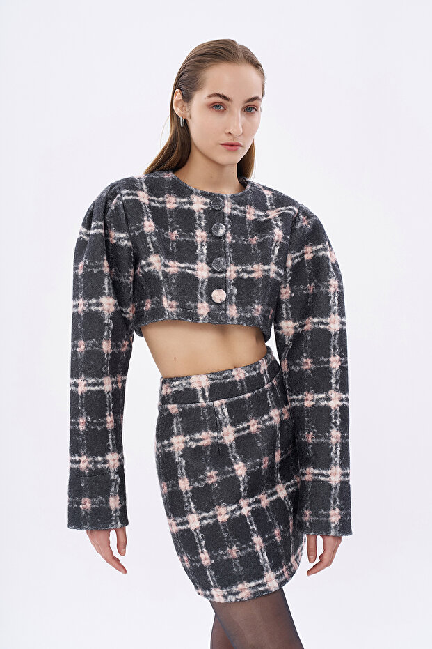 سترة رمادية قصيرة - نمط رمادي وأزرار - 4