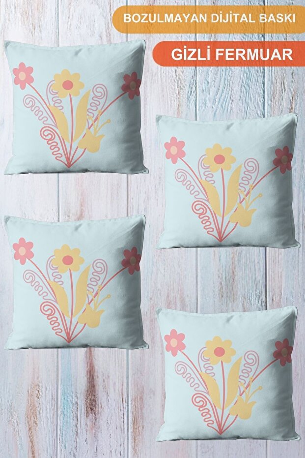 4-Piece Digital Printed Gift Sofa Set - Light Blue, Yellow Pink Floral Pattern
