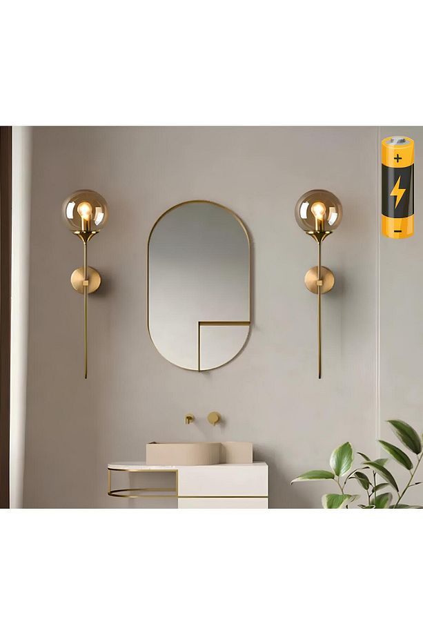 Modern Tasarım Pilli Aplik 1 Adet Tak Çalıştır Duvar Camlı Aplik Eskitme Gold Bal Camlı - 5