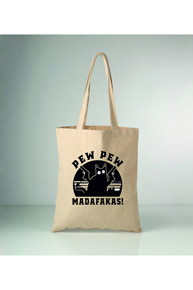 حقيبة كتف مطبوعة على شكل قطة و Madafakas مقاس 35x40 سم - قماش خام